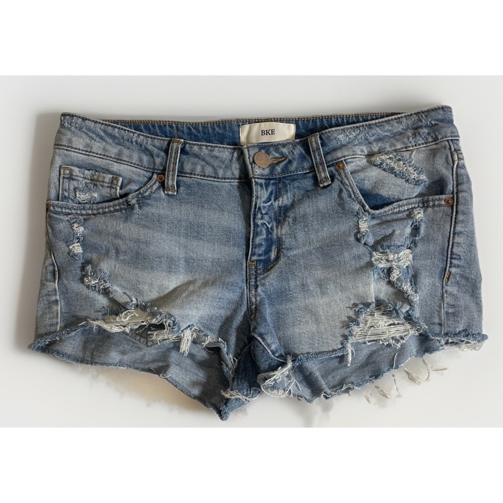BKE Stella Womens Denim Jean Shorts Size 29 Blue Low Rise Frayed Hem Distressed